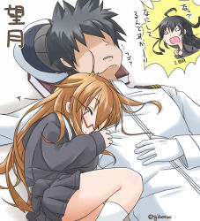 Rule 34 | 10s, 1boy, 2girls, admiral (kancolle), black hair, black serafuku, book pillow, brown hair, character name, closed eyes, commentary request, curled up, faceless, faceless male, glasses, gloves, inset, jack (slaintheva), kantai collection, long hair, mikazuki (kancolle), military, military uniform, mochizuki (kancolle), multiple girls, open mouth, red-framed eyewear, school uniform, serafuku, simple background, skirt, sleeping, sleeping on person, translation request, twitter username, uniform