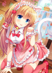 Rule 34 | 1girl, animal ears, bell, blonde hair, blue eyes, cat ears, cat tail, collar, commentary request, corset, cup, dress, fake animal ears, food, food-themed hair ornament, food on face, frilled dress, frills, hair ornament, hair tubes, long hair, looking at viewer, maid headdress, muffin, neck bell, noe noel, original, paw pose, paw print, pink dress, pink thighhighs, smile, solo, tail, teacup, teapot, thighhighs, tongue, tongue out, twintails, very long hair, wrist cuffs, zettai ryouiki