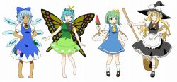 4girls :d antennae apron aqua_hair ascot barefoot beluo77 black_footwear black_hair black_skirt black_vest blonde_hair bloomers blue_bow blue_dress blue_eyes blue_hair blush_stickers bow breasts broom butterfly_wings character_sheet cirno closed_mouth collared_shirt commentary_request daiyousei dress eternity_larva fairy fairy_wings flower food frilled_apron frilled_hat frilled_skirt frills fruit full_body green_dress green_hair hair_between_eyes hair_bow hair_ribbon hand_on_own_hip hands_on_own_hips hat holding holding_broom ice ice_wings insect_wings jaggy_lines kirisame_marisa leaf leaf_on_head long_hair looking_at_viewer mary_janes multicolored_clothes multicolored_dress multiple_girls open_mouth pinafore_dress plant puffy_short_sleeves puffy_sleeves ribbon shirt shoes short_hair short_sleeves side_ponytail simple_background skirt sleeveless sleeveless_dress small_breasts smile socks standing sunflower tanned_cirno touhou turtleneck underwear very_long_hair vest vines waist_apron watermelon watermelon_slice white_apron white_background white_bloomers white_bow white_shirt white_socks wings witch witch_hat yellow_ascot yellow_eyes yellow_ribbon