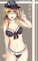 Rule 34 | 10s, 1girl, aqua eyes, bad id, bad pixiv id, bikini, blonde hair, blue eyes, breasts, cleavage, hat, kantai collection, long hair, looking at viewer, morizono shiki, navel, open mouth, peaked cap, prinz eugen (kancolle), simple background, smile, solo, standing, striped, striped background, swimsuit, twintails, v