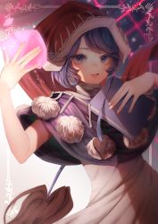 Rule 34 | 1girl, :d, arm up, artist name, blue capelet, blue eyes, blue hair, blush, book, bookmark, border, capelet, doremy sweet, dream soul, dress, eyelashes, fingernails, glowing, hand up, hat, heikokuru1224, highres, holding, holding book, light particles, lips, long fingernails, looking at viewer, looking to the side, multicolored eyes, nightcap, open mouth, outstretched hand, pom pom (clothes), purple eyes, red hat, short hair, smile, solo, swept bangs, tail, tapir tail, touhou, turtleneck, turtleneck dress, upper body, watermark, white dress