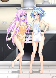 Rule 34 | 2girls, absurdres, alexstardust31, alternate costume, apron, arm behind back, bare legs, bare shoulders, barefoot, blanc (neptunia), blue bow, blue eyes, blue hair, blush, bow, breasts, cleavage, commission, feet, full body, hair between eyes, hand on own hip, hand up, headgear, highres, hip focus, indoors, kitchen, leg up, long hair, looking at viewer, medium breasts, multiple girls, naked apron, nepgear, neptune (series), no bra, no panties, no pants, pink hair, power symbol, power symbol-shaped pupils, purple sister, red eyes, short hair with long locks, small breasts, smile, standing, standing on one leg, symbol-shaped pupils, toes, very long hair, white apron, white heart (neptunia), yellow apron