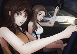 Rule 34 | 2girls, absurdres, brown eyes, brown hair, camisole, drifting, frown, fujiwara takumi&#039;s toyota trueno ae86, glowing, guchagucha, hair behind ear, highres, holding, initial d, jewelry, long hair, looking at viewer, multiple girls, necklace, open mouth, orange shirt, parted lips, pink lips, satou mako, sayuki (initial d), shirt, sitting, sleeveless, sleeveless shirt, smile, toyota, toyota sprinter trueno, v-shaped eyebrows, vehicle interior, white camisole