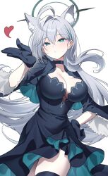 1girl animal_ears aqua_eyes black_choker black_dress black_gloves black_thighhighs blowing_kiss blue_archive breasts choker cleavage dress extra_ears floating_hair frieren_blowing_a_kiss gloves grey_hair hair_between_eyes halo hand_on_own_hip hand_up highres long_hair long_sleeves looking_at_viewer maruta_(shummylass) mismatched_pupils parted_lips shiroko_(blue_archive) shiroko_terror_(blue_archive) simple_background standing thighhighs white_background wide_sleeves wolf_ears wolf_girl