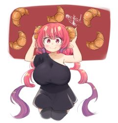 Rule 34 | black shirt, blush, breasts, croissant, dragon girl, dragon horns, fang, female focus, food, happy, highres, horns, huge breasts, ilulu (maidragon), kobayashi-san chi no maidragon, light purple hair, long hair, low twintails, masked ink, multicolored hair, pink hair, pointy ears, red eyes, shirt, shortstack, signature, signature artist name, slit pupils, smile, thighhighs, twintails