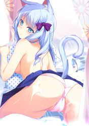 Rule 34 | 1girl, animal ears, arched back, ass, ass focus, bare back, bed, blue eyes, blue hair, blue skirt, blush, bow, breast press, breasts, cameltoe, cat ears, cat tail, commentary request, from behind, hair bow, hair ornament, head tilt, highres, indoors, long hair, looking at viewer, looking back, medium breasts, no bra, original, panties, pillow, pink panties, pleated skirt, sideboob, skirt, solo, stained glass, tail, underwear, uzuki hiro