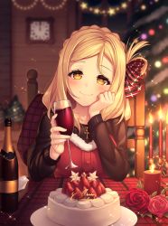 Rule 34 | 1girl, bad id, bad pixiv id, black shirt, blonde hair, blush, bottle, braid, cake, candle, candlelight, chair, christmas, christmas tree, clock, commentary request, cross, cross necklace, crown braid, cup, drinking glass, flower, food, fur trim, hair ribbon, hair rings, head rest, highres, holding, holding cup, indoors, jewelry, kyouou ena, long hair, long sleeves, looking at viewer, love live!, love live! school idol festival, love live! sunshine!!, merry christmas, necklace, ohara mari, plaid, plaid ribbon, pov across table, red flower, red rose, ribbon, rose, shirt, sitting, smile, solo, sparkle, wall clock, wine bottle, wine glass