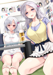Rule 34 | 2girls, apron, black skirt, blue eyes, blue shirt, bow, breasts, cleavage, commentary, cup, desk, feet, hair bow, heart, heart-shaped pupils, holding, holding cup, ikura nagisa, indoors, large breasts, licking lips, looking at viewer, mole, mole under eye, mother and daughter, multiple girls, open mouth, original, panties, pantyshot, parted bangs, pink bow, pink panties, red eyes, revision, seiza, shirt, short sleeves, silver hair, sitting, skirt, soles, symbol-shaped pupils, t-shirt, toes, tongue, tongue out, underwear, white panties, white shirt, yandere