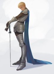 Rule 34 | 1girl, armor, blonde hair, blue eyes, cape, character request, copyright request, female focus, female knight, full body, gauntlets, highres, knight, pororikin, reverse trap, scar, scar on face, short hair, solo, standing, sword, very short hair, weapon