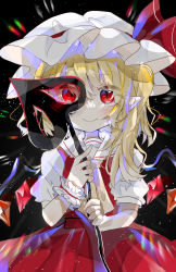 Rule 34 | 1girl, :&gt;, ascot, black background, blonde hair, chromatic aberration, closed mouth, cowboy shot, crystal, eyes visible through hair, flandre scarlet, hair between eyes, hat, hat ribbon, highres, holding, holding polearm, holding weapon, laevatein (touhou), lens flare, light blush, light particles, mob cap, one side up, pointy ears, polearm, puffy short sleeves, puffy sleeves, ramochi, red eyes, red ribbon, red skirt, red vest, ribbon, short sleeves, simple background, skirt, slit, slit pupils, smile, solo, touhou, vest, weapon, white hat, wings, wrist cuffs, yellow ascot