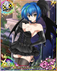 Rule 34 | 10s, 1girl, alternate costume, artist request, bare shoulders, black dress, black gloves, black thighhighs, blue hair, breasts, card (medium), character name, chess piece, choker, cleavage, covered erect nipples, demon wings, dress, elbow gloves, female focus, finger to mouth, gloves, hair ornament, hand on own hip, high school dxd, high school dxd born, knight (chess), large breasts, multicolored hair, official art, short hair, smile, solo, strapless, strapless dress, thighhighs, trading card, two-tone hair, wings, xenovia quarta, yellow eyes