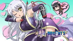 Rule 34 | 2girls, ahoge, animal ears, black hair, braid, breasts, cat ears, cat tail, cosplay, dog days, gloves, hair ribbon, highres, japanese clothes, large breasts, leonmitchelli galette des rois, long hair, multiple girls, noir vinocacao, one eye closed, open mouth, ponytail, red eyes, ribbon, screencap, short hair, silver hair, tail, thighhighs, yellow eyes, yukikaze panettone, yukikaze panettone (cosplay)