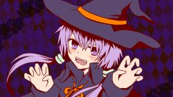 Rule 34 | 1girl, blush, gao, halloween, halloween background, halloween costume, hat, nicoseiga90270341, purple eyes, purple hair, solo, twintails, voiceroid, witch hat, yuzuki yukari