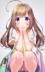 Rule 34 | 1girl, ahoge, arm support, bag, bbbannooo, blush, closed mouth, commentary request, green eyes, hair down, hands on own cheeks, hands on own face, idolmaster, idolmaster cinderella girls, kneeling, long hair, looking at viewer, panties, pout, sato shin, shopping bag, simple background, solo, squatting, underwear, white panties