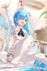 Rule 34 | 1girl, absurdly long hair, aqua eyes, arino ayarei, artist name, ascot, azur lane, beret, black ascot, blue hair, book, bookshelf, braid, cat, clothes lift, crop top, falling petals, feet, hair over one eye, hat, hat ribbon, highres, janus (azur lane), janus (fear of changing...clothes) (azur lane), knee up, legs, lifted by self, long hair, long sleeves, mirror, open mouth, panties, panties under pantyhose, pantyhose, petals, plant, pleated skirt, potted plant, red ribbon, ribbon, sailor collar, shirt, signature, sitting, skirt, skirt lift, solo, stretching, swept bangs, teeth, thighband pantyhose, toes, tongue, underwear, upper teeth only, very long hair, white hat, white panties, white pantyhose, white sailor collar, white shirt, white skirt, yawning