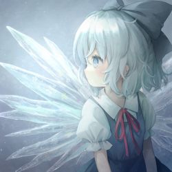 Rule 34 | 1girl, black bow, blue background, blue bow, blue dress, blue eyes, blue hair, bow, cirno, closed mouth, collared shirt, commentary, dress, gradient background, grey background, hair between eyes, hair bow, highres, ice, ice wings, looking to the side, medium hair, neck ribbon, parted lips, pinafore dress, profile, puffy short sleeves, puffy sleeves, red bow, red ribbon, ribbon, sasami (shiroi fuwafuwa), shirt, short hair, short sleeves, sleeveless dress, solo, symbol-only commentary, touhou, upper body, white shirt, wings