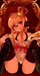 Rule 34 | 10s, 1girl, ahoge, artist name, bad id, bad pixiv id, black thighhighs, blush, boots, breasts, cake, collarbone, crown, english text, eyelashes, food, fork, fruit, glasses, headphones, holding, holding fork, holding plate, knee boots, licking lips, long hair, looking at viewer, medium breasts, orange hair, persona, persona 5, plate, purple eyes, red eyes, saika ryougi, sakura futaba, shiny clothes, shiny skin, shorts, sitting, smile, solo, sparkling eyes, text focus, thighhighs, throne, tongue, tongue out