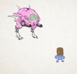 Rule 34 | 1girl, animated, animated gif, artist request, bodysuit, brown hair, d.va (overwatch), facing away, full body, gloves, gun, headphones, jumping, long hair, looking at another, machine, machinery, mecha, meka (overwatch), non-humanoid robot, overwatch, overwatch 1, parody, pilot suit, robot, science fiction, solo, steven universe, walker (robot), weapon, white background, white gloves