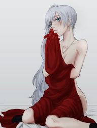 Rule 34 | 1girl, bare shoulders, blue eyes, earrings, funblade, jewelry, long hair, naked cape, pendant, rwby, scar, side ponytail, sitting, solo, tiara, wariza, weiss schnee, white hair