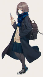 Rule 34 | 1girl, backpack, bag, black coat, black footwear, black pantyhose, blue eyes, blue scarf, blue skirt, brown background, brown cardigan, brown hair, cardigan, cellphone, coat, commentary, enpera, fringe trim, full body, high tops, highres, holding, holding phone, hyuuga azuri, long sleeves, open clothes, open coat, original, pantyhose, phone, plaid, plaid scarf, pleated skirt, scarf, shoes, simple background, skirt, sleeves past wrists, sneakers, solo, standing, symbol-only commentary