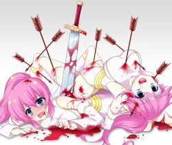 Rule 34 | 2girls, blood, blue eyes, corpse, crying, death, dying, empty eyes, guro, impaled, injury, multiple girls, object through breasts, object through head, pink hair, sword, tears, weapon, white background, yuyulovedoz