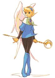 Rule 34 | 1990s (style), 1girl, blonde hair, blue footwear, boots, breath of fire, breath of fire iv, brooch, feathered wings, full body, green hair, hairband, jewelry, knee boots, long sleeves, nina (breath of fire iv), non-web source, official art, pantyhose, pink wings, retro artstyle, scan, short hair, simple background, solo, staff, standing, white background, white wings, wings, yoshikawa tatsuya