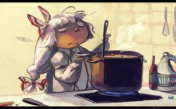 Rule 34 | 1girl, bad food, bleach (chemical), bow, commentary, cooking, food, fujiwara no mokou, hair bow, kitchen, koto inari, letterboxed, long hair, ofuda, one-hour drawing challenge, pot, ribbon, shirt, solo, soup, steam, stove, suspenders, touhou, white hair