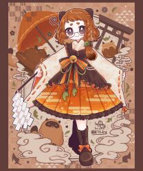 Rule 34 | 1girl, :3, absurdres, animal, animal ears, bell, blush, boots, bow, braid, brown eyes, brown theme, cross-laced footwear, dress, flower, footwear ribbon, frilled dress, frills, gohei, hair ornament, hair over shoulder, highres, holding, holding gohei, japanese clothes, kimono, koyuchina, lace-up boots, leaf, leaf hair ornament, lolita fashion, long sleeves, looking at viewer, obi, oil-paper umbrella, orange hair, original, pinafore dress, pinching sleeves, pleated dress, raccoon ears, raccoon girl, ribbon-trimmed sleeves, ribbon trim, sash, short eyebrows, short hair with long locks, sleeveless dress, sleeves past wrists, smile, smoke, solo, tanuki, thick eyebrows, torii, umbrella, wa lolita, wide sleeves