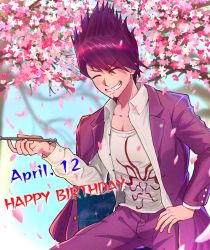 Rule 34 | 1boy, blurry, blurry background, cherry blossoms, closed eyes, collarbone, danganronpa (series), danganronpa v3: killing harmony, dated, facial hair, goatee, grin, hand on own hip, happy birthday, highres, holding, holding smoking pipe, jacket, kirin (suzoke 1), long sleeves, male focus, momota kaito, open clothes, open jacket, open shirt, pants, pink jacket, pink pants, print shirt, shirt, smile, smoking pipe, teeth