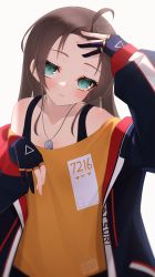 Rule 34 | 1girl, absurdres, ahoge, bare shoulders, black bra, black jacket, blush, bra, brown hair, clothes writing, dog tags, gloves, green eyes, highres, hololive, jacket, long hair, looking at viewer, natsuiro matsuri, natsuiro matsuri (gaming casual), off-shoulder shirt, off shoulder, official alternate costume, open clothes, open jacket, orange shirt, partially fingerless gloves, shirt, simple background, solo, thomas 8000, underwear, virtual youtuber, white background