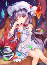 Rule 34 | 1girl, book, chemise, couch, crescent, crescent hair ornament, cup, detached sleeves, dress, hair ornament, hat, head rest, indoors, kedama milk, long hair, nightgown, one eye closed, patchouli knowledge, purple hair, red eyes, sitting, solo, spoon, strap slip, striped clothes, striped dress, teacup, touhou
