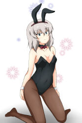 Rule 34 | 1girl, animal ears, black collar, black leotard, blue eyes, bow, bowtie, breasts, brown pantyhose, closed mouth, collar, commentary, covered navel, detached collar, fake animal ears, gam, girls und panzer, grey hair, highres, itsumi erika, kneeling, leotard, looking at viewer, medium breasts, medium hair, no shoes, pantyhose, playboy bunny, rabbit ears, red bow, red bowtie, smile, solo, strapless, strapless leotard, white background, wrist cuffs