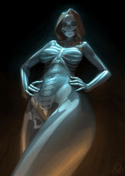 Rule 34 | 1girl, absurdres, bodypaint, breasts, chen zhang, facepaint, female focus, from below, groin, hands on own hips, highres, large breasts, looking at viewer, moonlight, navel, no nipples, nude, original, skeleton costume, solo, thighs