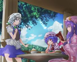 Rule 34 | 3girls, :d, akaneko ken, apron, ascot, bat wings, blue dress, blue eyes, blue hair, blue sky, book, bow, bowtie, braid, breasts, brooch, cloud, column, commentary request, cowboy shot, crescent, crescent hair ornament, cup, day, dress, fang, frilled apron, frills, from side, green bow, green neckwear, hair between eyes, hair bow, hair ornament, hand up, hat, hat ribbon, head rest, highres, holding, holding book, holding tray, izayoi sakuya, jewelry, large breasts, light rays, long hair, long sleeves, looking at another, maid, maid apron, maid headdress, medium breasts, mob cap, multiple girls, open mouth, parted lips, patchouli knowledge, pillar, profile, puffy short sleeves, puffy sleeves, purple dress, purple eyes, purple hair, purple headwear, railing, red eyes, red neckwear, red ribbon, remilia scarlet, ribbon, shirt, short dress, short hair, short sleeves, sidelocks, silver hair, sitting, sky, smile, standing, table, teacup, teapot, touhou, tray, tree, twin braids, waist apron, white apron, white dress, white headwear, white shirt, wings
