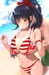 Rule 34 | 1boy, 1girl, :o, armlet, beach, behind another, bikini, black hair, bow, breasts, breasts squeezed together, can, cleavage, cloud, coca-cola, day, dot nose, hair bow, hands up, hetero, highres, large breasts, looking down, navel, ocean, original, outdoors, parted lips, ponytail, red bikini, red bow, sky, solo focus, stomach, striped bikini, striped clothes, swimsuit, yaegashi nan, yellow eyes