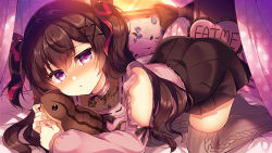 Rule 34 | 1girl, :t, all fours, aran legwear, bare shoulders, bed, black bow, black hair, black skirt, blush, bow, brown thighhighs, closed mouth, clothing cutout, commentary request, curtains, eat me, hair between eyes, hair ornament, hair ribbon, hairclip, long hair, long sleeves, looking at viewer, nose blush, original, pillow, pink shirt, pleated skirt, pout, puffy long sleeves, puffy sleeves, purple eyes, red ribbon, ribbon, shirt, shoulder cutout, skirt, solo, stuffed snake, sunset, suzunone rena, thighhighs, tsuchinoko, two side up, very long hair, window, x hair ornament
