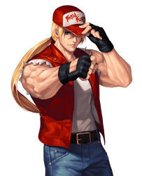 Rule 34 | 1boy, adjusting clothes, adjusting headwear, arm up, baseball cap, belt, biceps, black belt, black gloves, blonde hair, blue eyes, blue pants, clenched hand, commentary request, cowboy shot, denim, evilgun, fatal fury, fingerless gloves, fingernails, fist bump, gloves, hair between eyes, hat, highres, jeans, long hair, looking at viewer, male focus, muscular, muscular male, pants, parted lips, ponytail, red hat, red vest, shirt, shirt tucked in, simple background, sleeveless, sleeveless shirt, smile, solo, standing, terry bogard, the king of fighters, the king of fighters &#039;97, veins, very long hair, vest, white background, white shirt