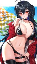 Rule 34 | 1girl, absurdres, ahoge, azur lane, bikini pull, black-framed eyewear, black choker, black hair, black thighhighs, blush, breast lift, breasts, checkered flag, choker, cleavage, clothes pull, collarbone, commentary request, contrapposto, cowboy shot, eyewear on head, flag, glasses, groin, hair between eyes, highres, jacket, kohanayuki, large breasts, long hair, long sleeves, navel, off shoulder, official alternate costume, one side up, open clothes, open jacket, outside border, parted lips, pink lips, pulling own clothes, red eyes, red jacket, signature, skindentation, slit pupils, smile, solo, stomach, taihou (azur lane), taihou (enraptured companion) (azur lane), thigh strap, thighhighs, unaligned breasts, very long hair