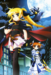 Rule 34 | 10s, 2girls, absurdres, bardiche (axe form) (nanoha), bardiche (nanoha), belt, blonde hair, blue eyes, bow, brown hair, cape, city, cloud, fate testarossa, fate testarossa (movie 1st form), gloves, hair bow, hashimoto takayoshi, highres, long hair, lyrical nanoha, mahou shoujo lyrical nanoha, mahou shoujo lyrical nanoha the movie 1st, megami magazine, moon, multiple girls, night, non-web source, official art, purple eyes, raising heart, raising heart (cannon mode), red eyes, short hair, sky, takamachi nanoha, takamachi nanoha (movie 1st mode), thighhighs, twintails