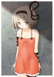Rule 34 | 1girl, absurdres, against wall, ahoge, armband, arms at sides, arms behind back, artist name, bare shoulders, black bow, black hairband, black ribbon, blush, border, bow, breasts, closed mouth, collarbone, commentary, concrete, cowboy shot, dress, dress bow, female focus, frilled dress, frills, furrowed brow, grey eyes, hair bow, hairband, hand on wall, head down, highres, legband, looking at viewer, original, outside border, paid reward available, pink dress, ribbon, shadow, short dress, short hair, shy, silver hair, sirokohi, sleeveless, sleeveless dress, small breasts, solo, spaghetti strap, standing, twitter username, upper body, upturned eyes, white border
