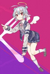 Rule 34 | 1girl, ahoge, angel day, angel wings, arched back, blazer, blue jacket, blue skirt, bow, bowtie, cevio, commentary, date pun, double bun, fork, full body, grey hair, grey sweater, hair bun, hair ornament, hairclip, halo, highres, jacket, kneehighs, koharu rikka, leaning forward, leg up, looking at viewer, miniskirt, number pun, pink background, pink bow, pink bowtie, pleated skirt, pointing, red eyes, school uniform, short hair, skirt, smile, socks, solo, standing, standing on one leg, sweater, synthesizer v, toudou charo, wings