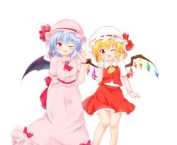 Rule 34 | 2girls, ;d, alternate hairstyle, arm behind back, ascot, bat wings, blonde hair, blouse, blue hair, blush, bow, braid, brooch, buttons, center frills, child, collared shirt, commentary request, eyelashes, fang, feet out of frame, flandre scarlet, frilled skirt, frilled sleeves, frills, gem, gradient eyes, hair ribbon, hand up, hat, hat bow, highres, index finger raised, jewelry, legs together, light blue hair, light blush, long skirt, looking at viewer, low twintails, mob cap, multicolored eyes, multiple girls, one eye closed, open mouth, pink hat, pink shirt, pink skirt, puffy short sleeves, puffy sleeves, red ascot, red bow, red eyes, red ribbon, red skirt, red vest, remilia scarlet, ribbon, shirt, short hair, short sleeves, simple background, single braid, skirt, smile, standing, touhou, twintails, vest, white background, white hat, white shirt, wing collar, wings, wrist cuffs, yellow eyes, yurufuwa milk