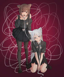 2girls absurdres animal_ear_fluff animal_ears black_footwear black_pantyhose black_skirt blue_eyes blush braid brown_hair cat_ears cat_girl chromatic_aberration clothing_cutout collar commentary_request frilled_shirt frills grey_shirt hair_between_eyes highres kemonomimi_mode korean_commentary leash long_hair long_hair_between_eyes looking_at_viewer multiple_girls pantyhose project_sekai shinonome_ena shirt short_hair short_sleeves shoulder_cutout side_braid sitting skirt standing white_collar white_hair yoisaki_kanade zeoksang