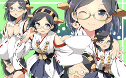 Rule 34 | + +, 10s, 1girl, :d, :o, ;), black eyes, black hair, blush, detached sleeves, frilled skirt, frills, glasses, green-framed eyewear, green background, hairband, hand on own hip, headgear, japanese clothes, kantai collection, kirishima (kancolle), looking at viewer, m/, multiple views, o o, one eye closed, open mouth, personification, ribbon-trimmed sleeves, ribbon trim, short hair, skirt, smile, wara (warapro), wide sleeves, wink