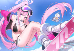 Rule 34 | 2girls, bare shoulders, bikini, black bikini, blue archive, blue sky, breasts, chibi, commentary request, eimi (blue archive), eimi (swimsuit) (blue archive), flying, goggles, goggles on head, halo, himari (blue archive), jacket, knees up, large breasts, looking at viewer, multiple girls, official alternate costume, official alternate hairstyle, open mouth, outdoors, pink eyes, pink hair, pink halo, pink jacket, ponytail, rangu, side-tie bikini bottom, ski goggles, skis, sky, snow, solo, swimsuit, thighs, winter clothes