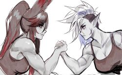 Rule 34 | 2girls, absurdres, animal ears, arm wrestling, biceps, breasts, closed mouth, eye contact, female orc, from side, highres, holding hands, kana (kanabnuuy), large breasts, looking at another, mohawk, multicolored hair, multiple girls, muscular, muscular female, nsfwolf, orc, original, ponytail, profile, rabbit ears, red eyes, simple background, sketch, smile, streaked hair, white background