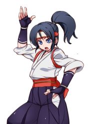 Rule 34 | 1girl, arm up, blue eyes, blue hair, commentary request, dougi, fighting stance, fingerless gloves, gloves, hakama, hakama skirt, hanzo (2929), headband, high ponytail, japanese clothes, long hair, looking at viewer, open mouth, parted bangs, ryuuko no ken, skirt, solo, standing, the king of fighters, toudou kasumi