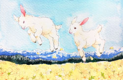 Rule 34 | absurdres, animal, animal focus, chako (parusminor30), closed mouth, cloud, commentary request, day, closed eyes, field, flower, flower field, from below, goat, highres, jumping, mountainous horizon, no humans, original, outdoors, painting (medium), petals, sky, traditional media, watercolor (medium), yellow flower