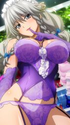 Rule 34 | 1girl, blue bow, bow, braid, breasts, corset, covered navel, female focus, finger to mouth, frilled gloves, frilled panties, frills, garter straps, gloves, grayfia lucifuge, grey eyes, grey hair, hair bow, high school dxd, highres, large breasts, lingerie, long hair, looking at viewer, maid headdress, matching hair/eyes, panties, purple gloves, purple panties, red lips, smile, solo, twin braids, underwear, underwear only