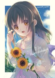 Rule 34 | 1girl, blue sky, brown eyes, brown hair, clannad, cloud, commentary request, dress, flower, happy birthday, highres, holding, holding flower, ibuki fuuko, long hair, looking at viewer, low-tied long hair, pink dress, satomi yoshitaka, see-through, see-through shirt, sky, smile, solo, sunflower, upper body